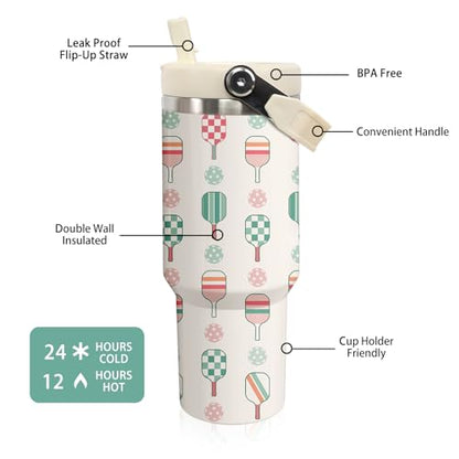 30 oz Tumbler with Handle Flip Straw Leak Proof - Pickleball Mug 30oz Tumbler Travel Coffee Mug with Handle - Birthday Gifts for Women Pickleball Lovers Players 30 Ounce Stainless Steel Cup - color: Pickleball