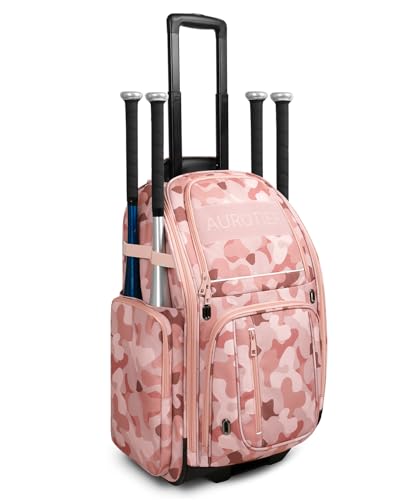 AUROTIER Rolling Baseball Bag with Wheels, Large All-Terrain Wheeled Softball Bag Holds 4 Bats, Water-Resistant Baseball Roller Backpack with Shoe Compartment and Fence Hooks for Players and Coaches - color: Pink Camo