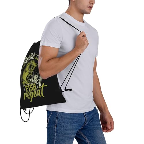 Eat Sleep Fish Repeat Unisex Drawstring Backpack Bag Sport Gym Travel Swim Sackpack - color: Eat Sleep Fish Repeat