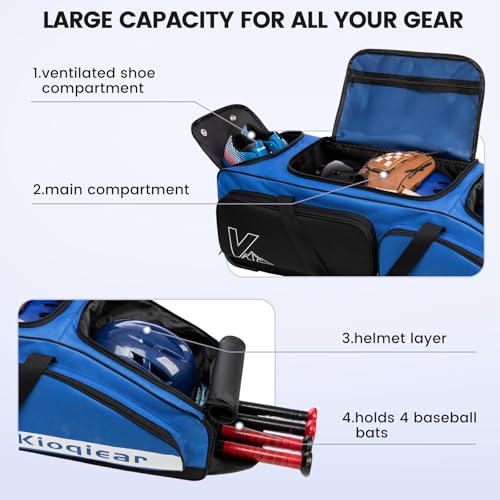 Catchers Gear Bag with Wheels for 4 Bats, Rolling Baseball Softball Bag With Multi-Pockets, Fence Hook, Holds All Baseball Equipment. - color: Blue