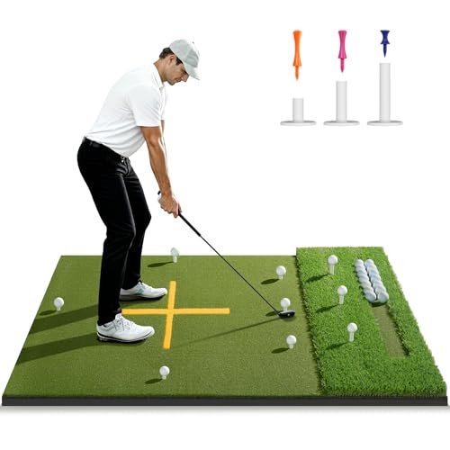 5.2x4ft & 6x4ft 21mm-50mm Dual-Turf Golf Mat with Ball Tray, Thickened Golf Hitting Mat with 9 Hitting Holes, Alignment Aid Practice Mat for Hitting, Driving Chipping, Swinging, Gifts for Men/Dad/Him - size: 72"x48"x1.8"