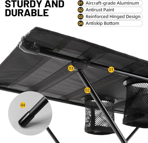 Portable Camping Table Folding, Small Beach Table Foldable with Drink Holder & Mesh Storage & Carry Bag Compact Camp Tent Side Table for Picnic Tailgate Travel Outdoor Fishing Backpacking