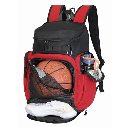 LARIPOP Basketball Backpack with Ball & Ventilated Shoe Compartment Insulated Pockets for Men Youth Training - color: red