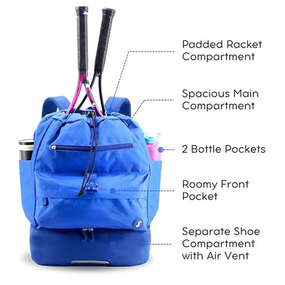 J World Ace 2 Racket Tennis Backpack for Women Men. Badminton Squash Pickleball Bag. Kids Sports Gym Bag w/Shoe Compartment - color: Navy