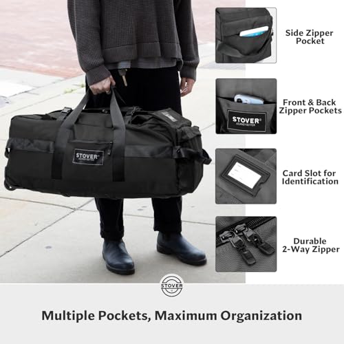 STOVER 45/80/100L Rolling Duffel Bag with Wheels, X-Large Durable Travel Duffle + Toiletry Bag, Heavy Duty, Packable with Shoulder Straps- Use as Luggage or Backpack, Men/Women (Black) - color: Black