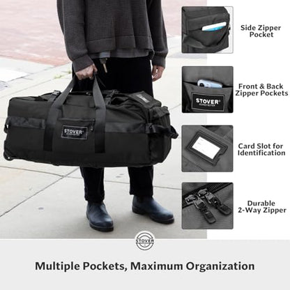 STOVER 45/80/100L Rolling Duffel Bag with Wheels, X-Large Durable Travel Duffle + Toiletry Bag, Heavy Duty, Packable with Shoulder Straps- Use as Luggage or Backpack, Men/Women (Black) - color: Black