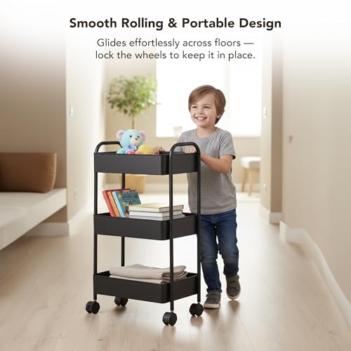 Displays By Jack 3-Tier Rolling Storage Cart, Metal Utility Organizer on Wheels – Deep Mesh Baskets for Kitchen, Pantry, Laundry, Bathroom, Home