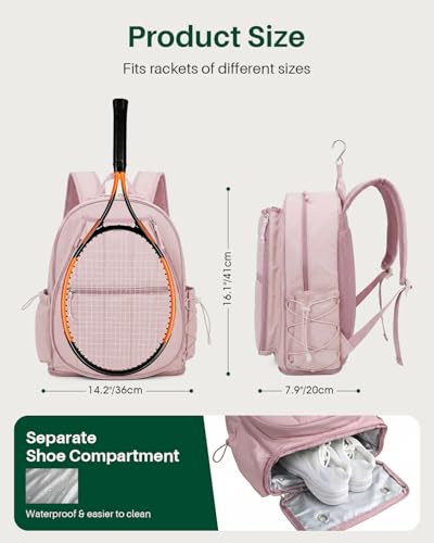 Quilted Tennis Gym Backpack for women Tennis Bag Holds 2 Rackets with Top Panel & Ventilated Shoe Compartment Sports Duffle Bags with Wet Pocket & Fence Hook - color: Pink