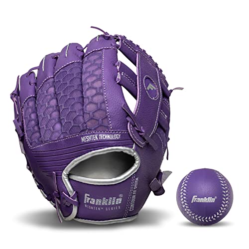 Franklin Sports Kids Baseball Glove + Foam Ball Sets - Meshtek Youth Teeball Gloves for Kids + Toddlers - Left + Right Hand Throw - 9.5" Inch - color: Purple/Chrome
