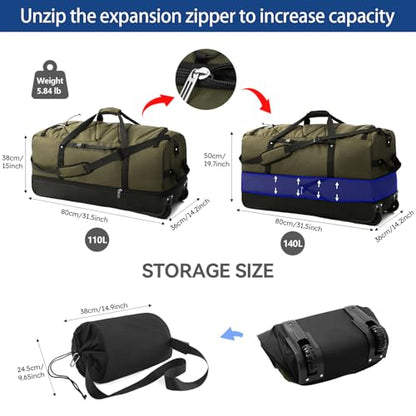 110L Expandable to 140L 32” Foldable Oxford Soft-Sided Rolling Duffle Bag with 2 Heavy-Duty Wheels,2 Large Compartments,Adjustable Shoulder Strap and Attached Organizer Pouch,Green - color: Army Green