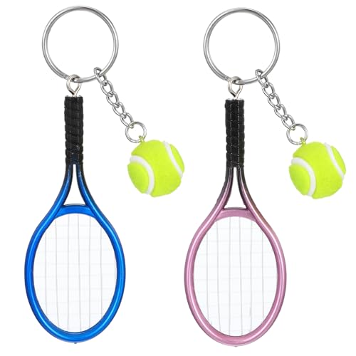 Mini Tennis Racket Keychain Key Ring, 2 Pcs Cute Tennis Accessories Colorful Mini Sport Party Decorations Fashionable Jewelry Ball Key Ring Bag Charm for Sport Lovers Team, Women, Men (Blue, Purple)