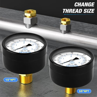 0-60Psi 2" DIAL FACE 1/4" NPT Well Pump Pressure Gauge, with 1/2" NPT and 3/8" NPT Hex Bushing, Pool Sand Filter WOG Water Oil Air Pressure Test, Center Back Mount - size: 0-60Psi, style: 1/4"NPT Back Mount