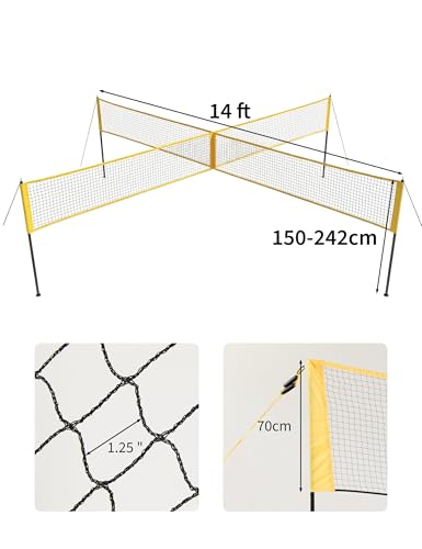 4 Square Volleyball Net Set with 3 Adjustable Heights, 14FT Cross PE System, Use in Backyard or Beach, Includes Ball, Pump, Carry Bag, Hammer, Outdoor Team Games, Black/Red - color: Yellow