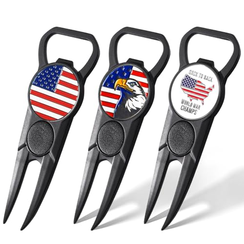 Amy Sport Premium Golf Divot Repair Tool Ball Markers with Belt Clip Value 3 Pack, 7-in-1 Tools Leather Grip Club Holder, Bottle Opener, Club Groove Cleaner, Putting Alignment Guide - color: Black-3 Pack