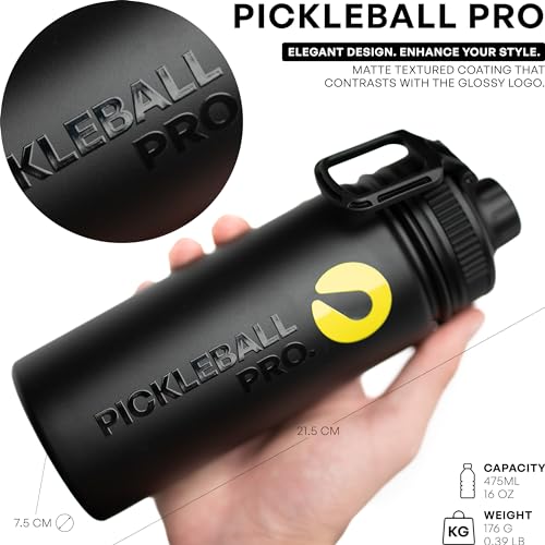 WES Pickleball Water Bottle + Pickleball Ball Holder + 3 Outdoor Pickleball Balls | Insulated Pickleball Water Bottle with Sport Spout Lid - color: Black