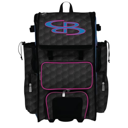 Boombah Rolling Superpack 2.0 3DHC Baseball/Softball Gear Bag - 23-1/2" x 13-1/2" x 9-1/2" - Multiple Colors - Telescopic Handle and Holds 4 Bats - Wheeled Version - color: Black/Cyan/Fluorescent Pink