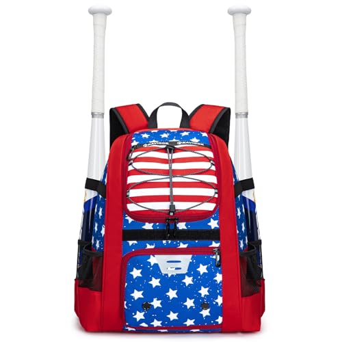 KAVIGOR Youth Baseball Bag, Softball Bag for Girls & Boys, Kids Tball Backpack with Shoes Compartment - color: Red White & Blue
