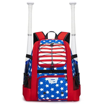 KAVIGOR Youth Baseball Bag, Softball Bag for Girls & Boys, Kids Tball Backpack with Shoes Compartment - color: Red White & Blue