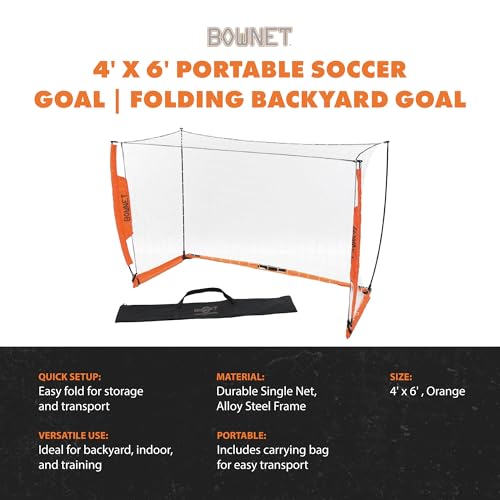 Bownet Portable Soccer Goal – Folding Pop Up Soccer Goal Net for Backyard Training & Practice, Durable Steel Frame, Easy Setup, Carry Bag Included - size: 4 x 6 ft