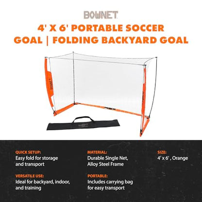 Bownet Portable Soccer Goal – Folding Pop Up Soccer Goal Net for Backyard Training & Practice, Durable Steel Frame, Easy Setup, Carry Bag Included - size: 4 x 6 ft