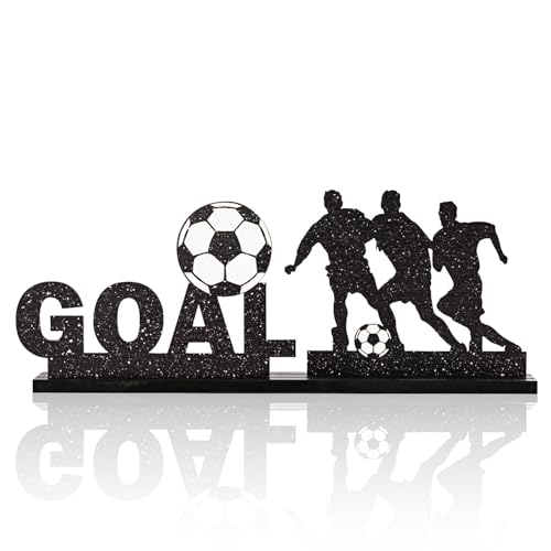 Smile Soccer GOAL Wooden Standing Decor Set, 2-Piece Black Player Silhouette & Text Tiered Tray Tabletop Signs with Stands for Game Day & Sports Party Decorations - style: Letter Goal