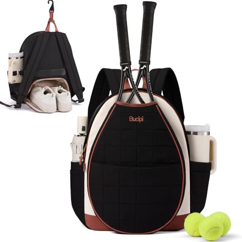 Tennis Bags for Women, Quilted Tennis Racket Bag Backpack for Tennis Racquet, Pickleball Paddles, Badminton - color: Black-white-brown with cup holder, size: Large with Shoe Compartment