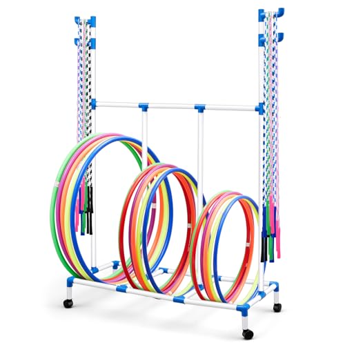 Aurelema Hoop Rope Cart Plastic Hoop Jump Rope Rack Cart with Wheels PE Equipment Rack for Elementary School Primary School Movable Garage Rolling Ball Holder Gym Sports Gear, 48 x 74 x 21.65 Inch