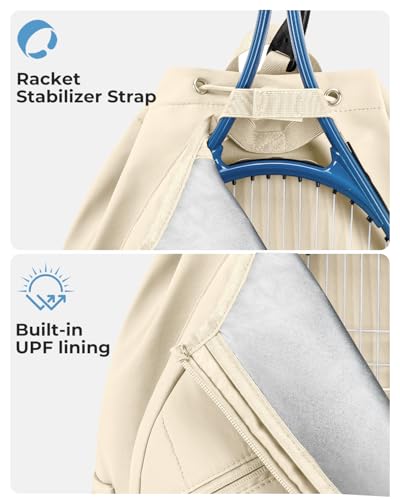 Drawstring Tennis Backpack, Puffer Tennis Racket Bag with Shoe Compartment & Wet Pocket Gym Bag for Women, Suitable for Pickleball Tennis Badminton - color: Beige