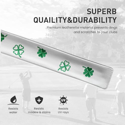 FINGER TEN Golf Alignment Stick Cover Headcover Rods Holder Case Leather 14''× 2'' in USA Black White Green Hold At Least 2 Sticks - color: White-Lucky Clover
