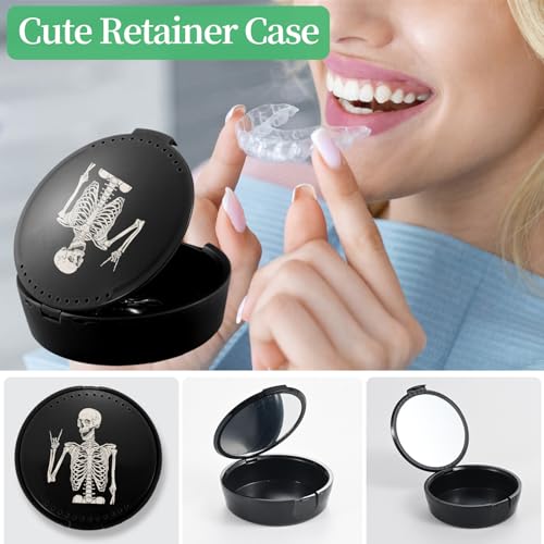 Retainer Case, Denture & Mouth Guard Orthodontic Aligner Case With Mirror & Ventilation, Black Skull