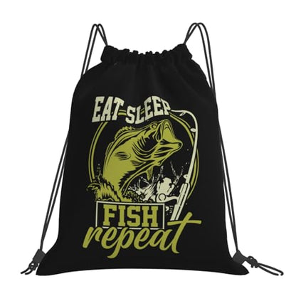 Eat Sleep Fish Repeat Unisex Drawstring Backpack Bag Sport Gym Travel Swim Sackpack - color: Eat Sleep Fish Repeat