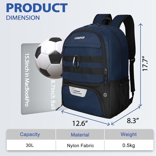 LARIPOP Soccer Backpack with Ball Holder & Shoe Compartment Large Capacity Youth Sports Bag for Training - color: Dark Blue