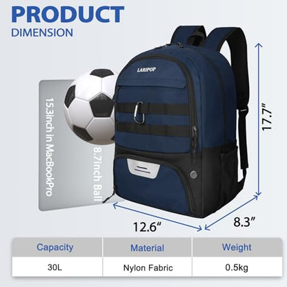 LARIPOP Soccer Backpack with Ball Holder & Shoe Compartment Large Capacity Youth Sports Bag for Training - color: Dark Blue