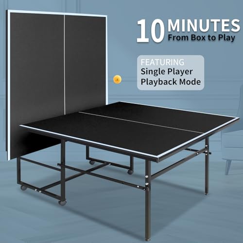 IUNNDS Portable Table Tennis Table 6/8/8.5/9FT Foldable Ping Pong Game Set for Indoor with Net and Post Set, 2 Paddles and 3 Balls - color: Black-9x4.1FT