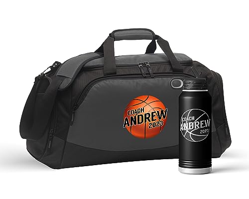 Personalized Basketball Duffel Bag Set Engraved Water Bottle | Coach Design Name Number Player Boys Girls Birthday Christmas - color: Charcoal/Black, size: Bag Only, style: Coach