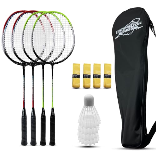 Magicorange Badminton Rackets Set of 4 for Outdoor Backyard Games, Including 4 Racquets,4 Shuttlecocks, 4 Replacement Grip Tapes & 1 Carry Bag - color: Red+Green
