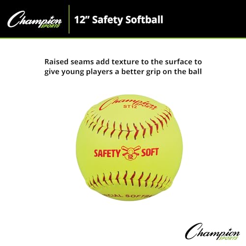 Champion Sports Safety Softballs – Pack of 12 Balls - Soft Rubber Core - Synthetic Leather - Optic Yellow in 11" & 12" Sizes - size: 12 Inch