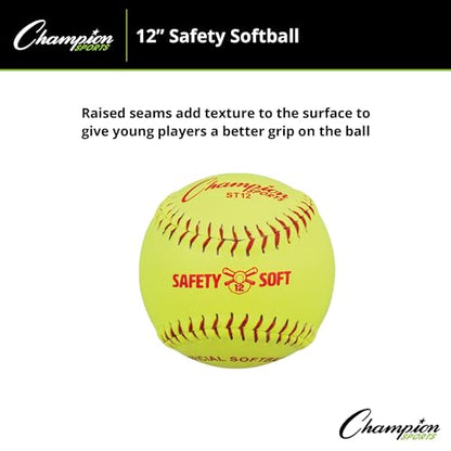 Champion Sports Safety Softballs – Pack of 12 Balls - Soft Rubber Core - Synthetic Leather - Optic Yellow in 11" & 12" Sizes - size: 12 Inch