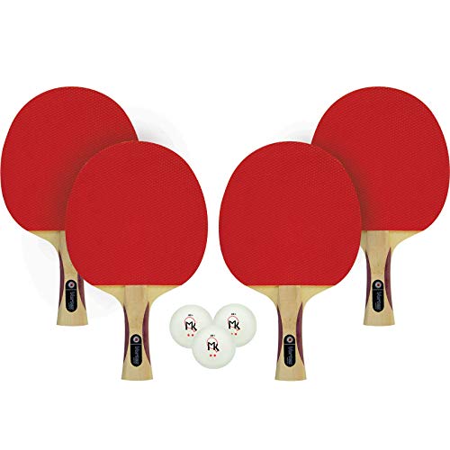 Vortex Table Tennis Racket 4-Player Set, Pips-Out With Sponge, Red & Black Rubber Surface, 1.5mm Sponge Layer, Flared Handle, Includes Three 2-Star Balls