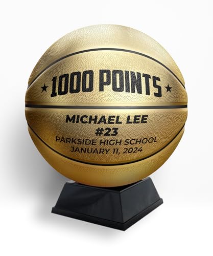Custom Metallic Gold Basketball with Display Stand | Official Size | Personalized with Your Text! | Great for Awards, Banquets, Senior Night, Milestones, and Coach Gift - style: 1000 Points