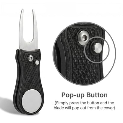 Mile High Life Golf Divot Repair Tool, All Metal Foldable Divot Tool with Pop-up Button & Magnetic Ball Marker - color: Black Bone