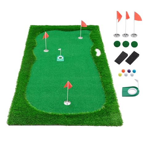 Golf Putting Green Mat, Large Professional Golf Training Mat with 3 Holes, 3 Flags,1 Movable Cup and 2 Slope Pad for Indoor Outdoor Putting Practice - size: 5x10 ft