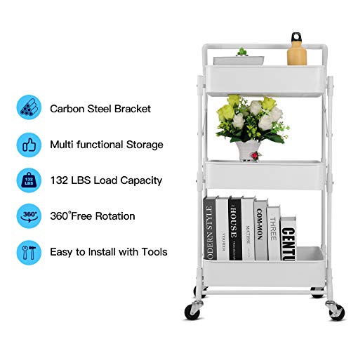 Foldable 3 Tier Metal Utility Rolling Cart, Folding Mobile Multi-Function Storage Trolley Organizer Cart for Home Library Office(White) - color: White