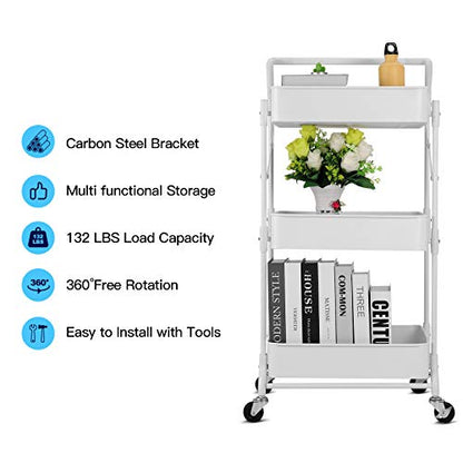 Foldable 3 Tier Metal Utility Rolling Cart, Folding Mobile Multi-Function Storage Trolley Organizer Cart for Home Library Office(White) - color: White