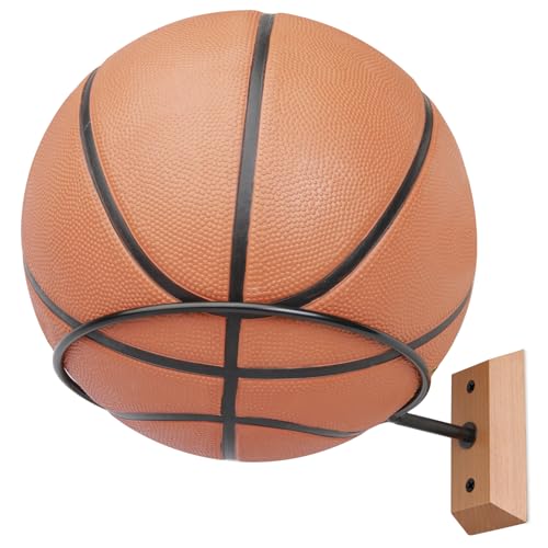 Basketball Holder Wall Mount, 7 Inch Wall Mount Ball Holder with Black Walnut Solid Wood Base & Metal Ring, Sports Storage Stand & Display Rack for Basketball, Football, Soccer Ball, Volleyball - color: Beech Wood, size: 1 Pack