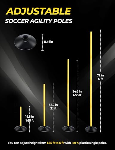 SEAOTTER Soccer Agility Poles Set, 4/6/10 Pcs 6ft Detachable Sports Trainning Speed Poles Slalom Poles with Rubber Base, Agility Training Equipment for Football, Rugby, Basketball, Indoor & Outdoor