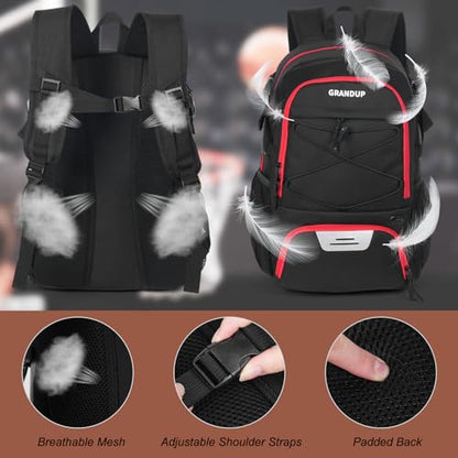 GRANDUP Basketball backpack with ball and shoes compartment Fit Volleyball, soccer, Swim, Gym, Travel, and School, large capacity sports training equipment bags - color: Black With Red Zipper