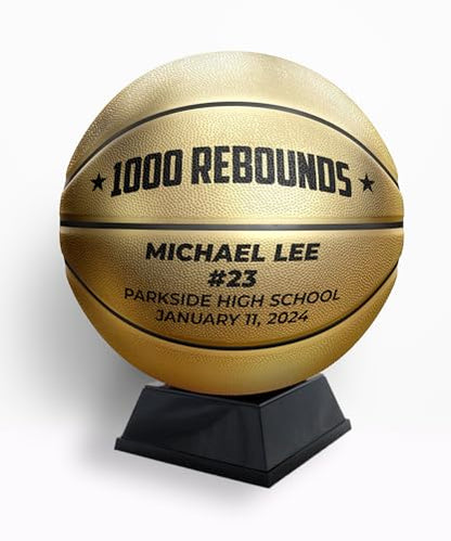 Custom Metallic Gold Basketball with Display Stand | Official Size | Personalized with Your Text! | Great for Awards, Banquets, Senior Night, Milestones, and Coach Gift - style: 1000 Rebounds