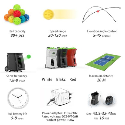 PP Smart Pickleball Machine – Automatic Pickleball Launcher with APP & Remote, 80+Ball Capacity, Adjustable Speed, Spin & Frequency, 4–6Hr Battery for Indoor & Outdoor Training - color: Black
