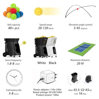 PP-SMART PRO-【Smart Pickleball Machine】 80+ Ball Capacity | 4-6 Hours Battery Life | Speed 20-120km/h | 20 Landing Points | 12 Fixed Modes | APP Control | Ideal for Training/Teaching/Matches
